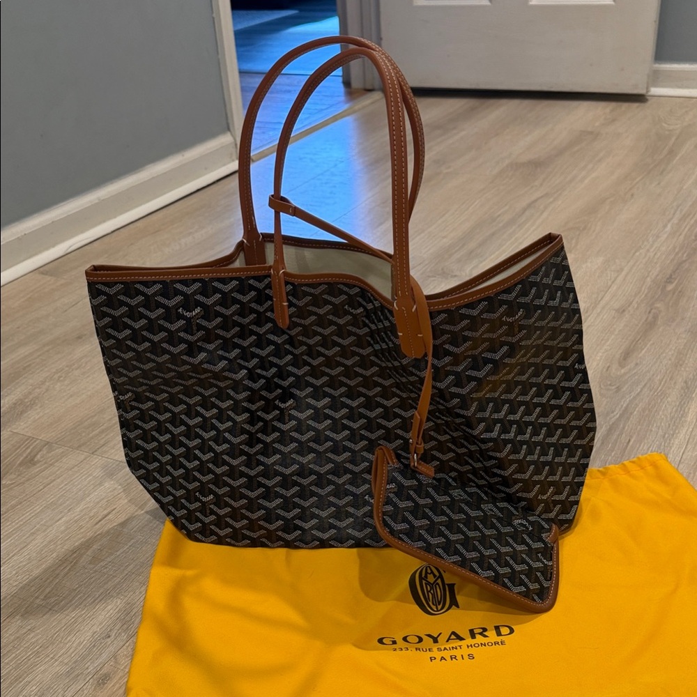 Black Chevron Canvas Tote with Brown Leather Trim
